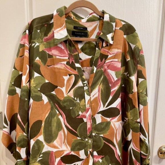 Tahari Tops - Tahari 100% Linen Tropical Leaf. Button Down Collar Shirt. Size. 3X